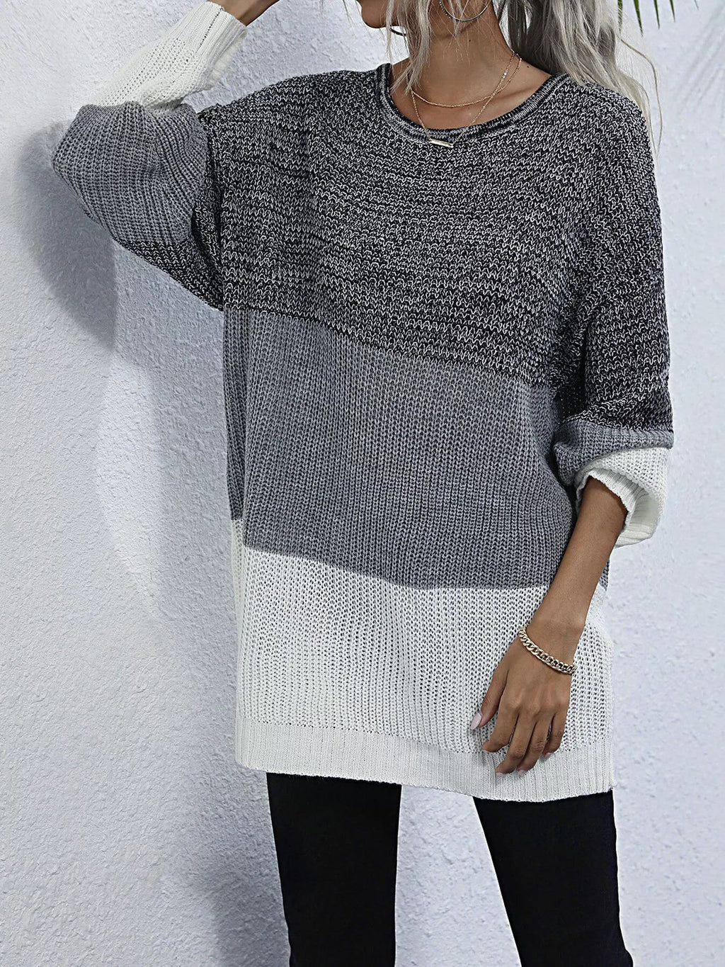 Color Block Round Neck Oversized Sweater - Crowned Energy CO.