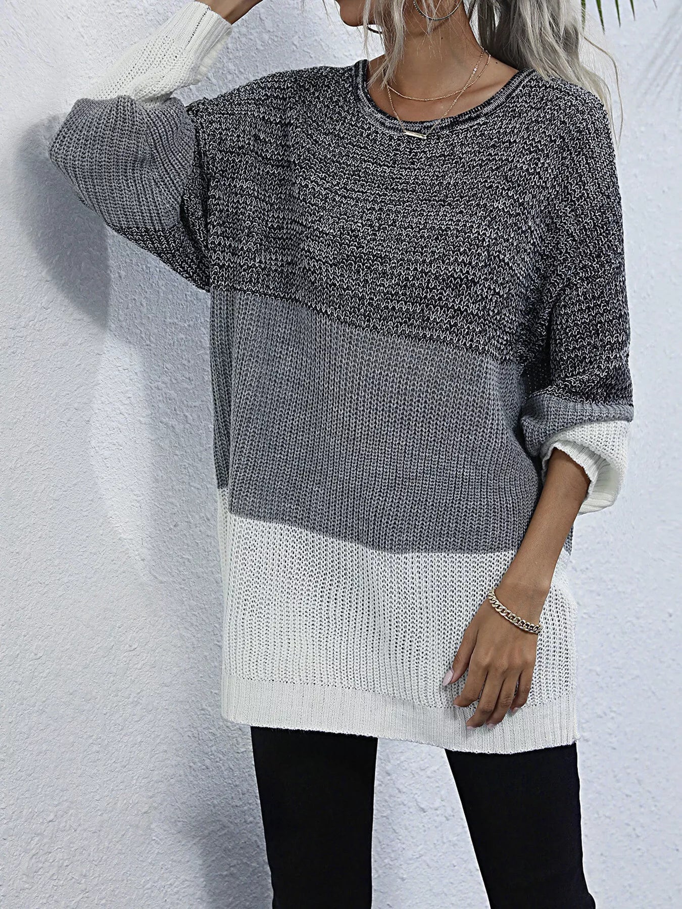 Color Block Round Neck Oversized Sweater - Crowned Energy CO.