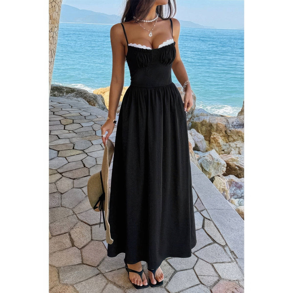 Contrast Lace Spaghetti Strap Maxi Dress - Crowned Energy CO.