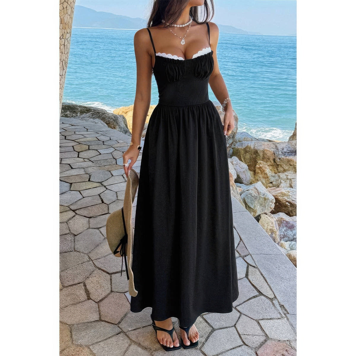 Contrast Lace Spaghetti Strap Maxi Dress - Crowned Energy CO.