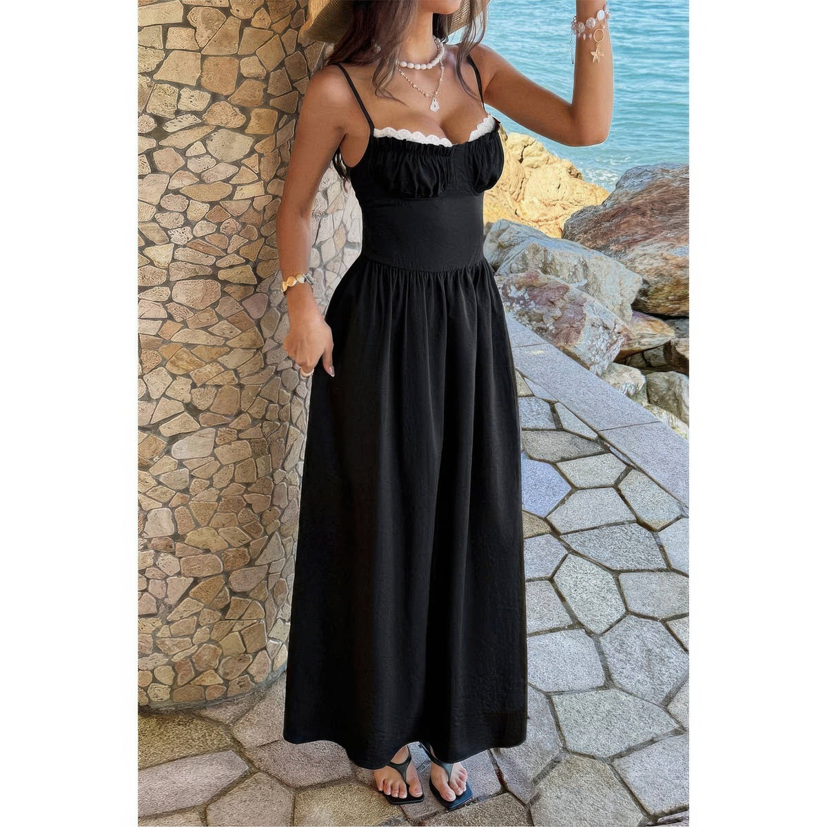 Contrast Lace Spaghetti Strap Maxi Dress - Crowned Energy CO.