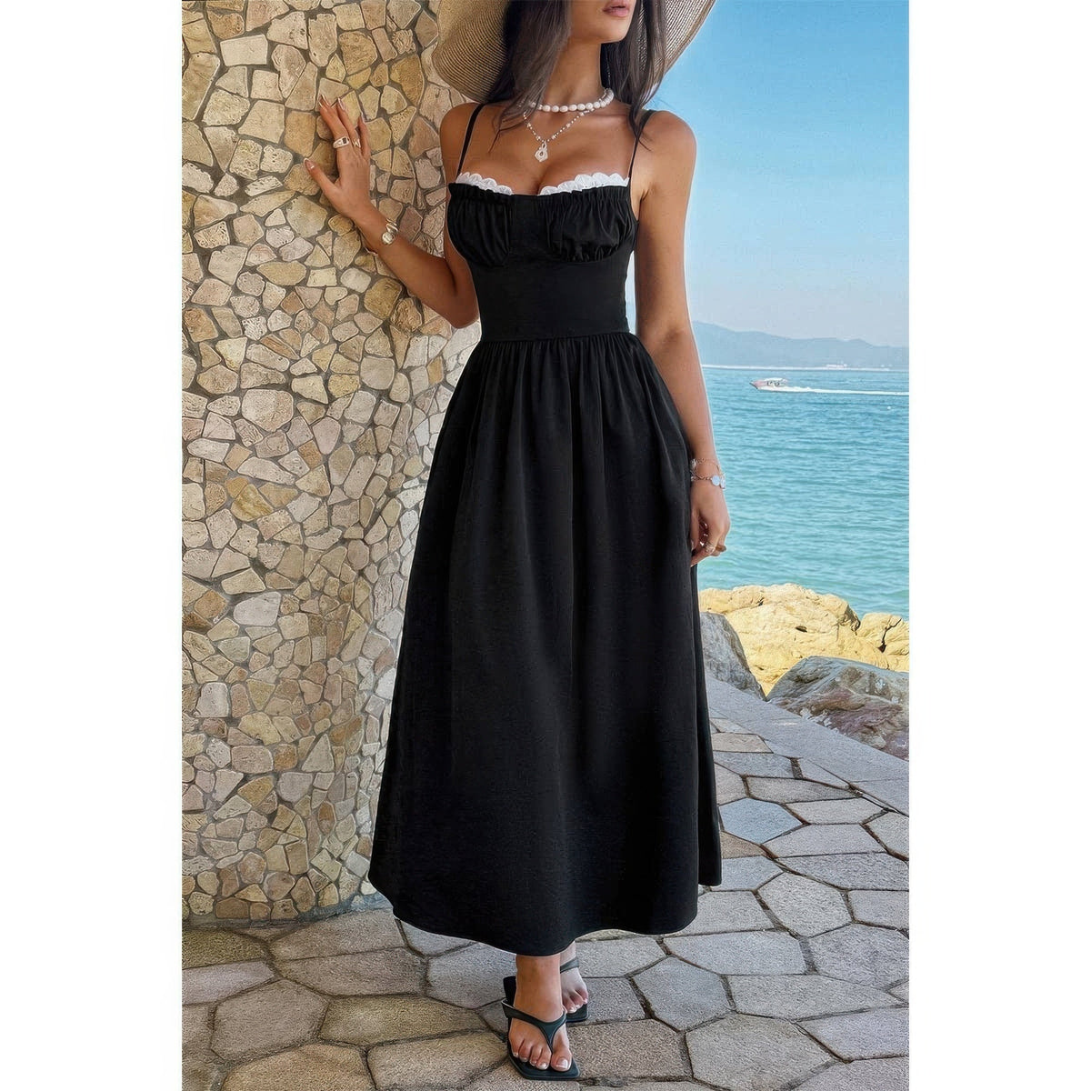 Contrast Lace Spaghetti Strap Maxi Dress - Crowned Energy CO.