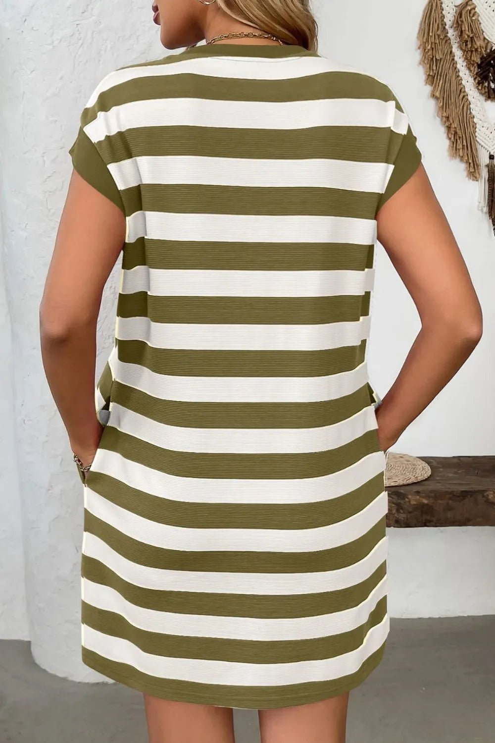 Contrast Striped Round Neck Short Sleeve Mini Dress - Crowned Energy CO.
