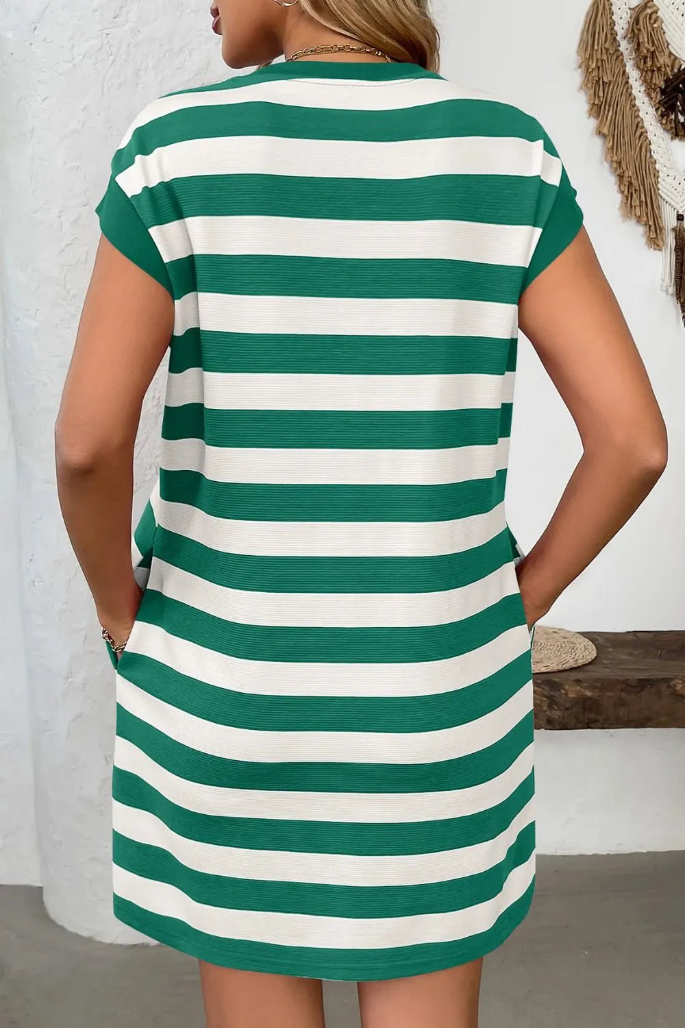 Contrast Striped Round Neck Short Sleeve Mini Dress - Crowned Energy CO.