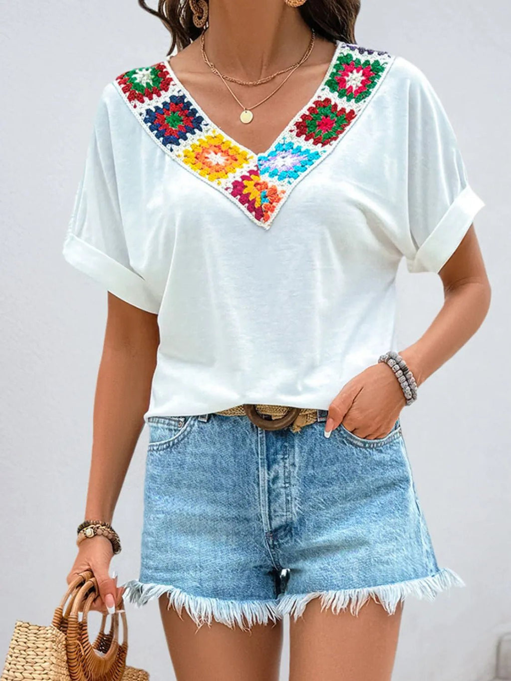 Contrast V - Neck Short Sleeve Top - Crowned Energy CO.