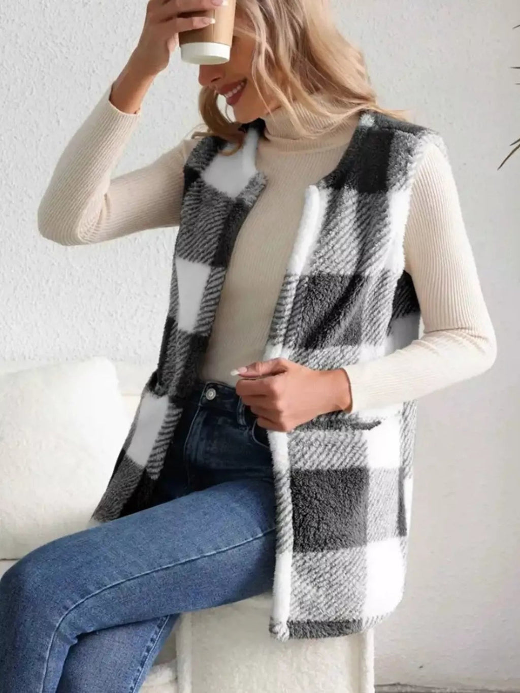 Cozy Plaid Sherpa Vest Coat - Crowned Energy CO.