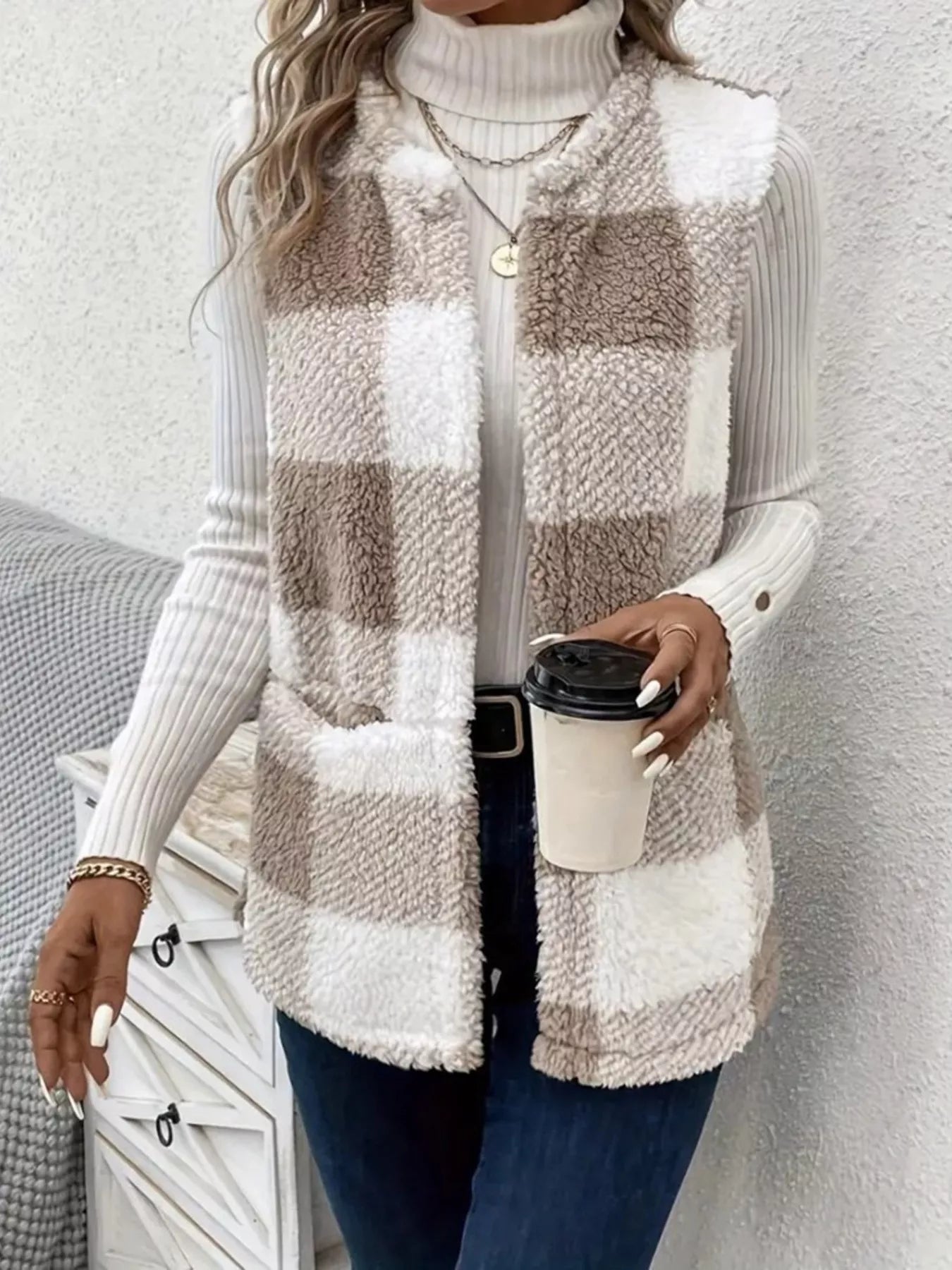 Cozy Plaid Sherpa Vest Coat - Crowned Energy CO.
