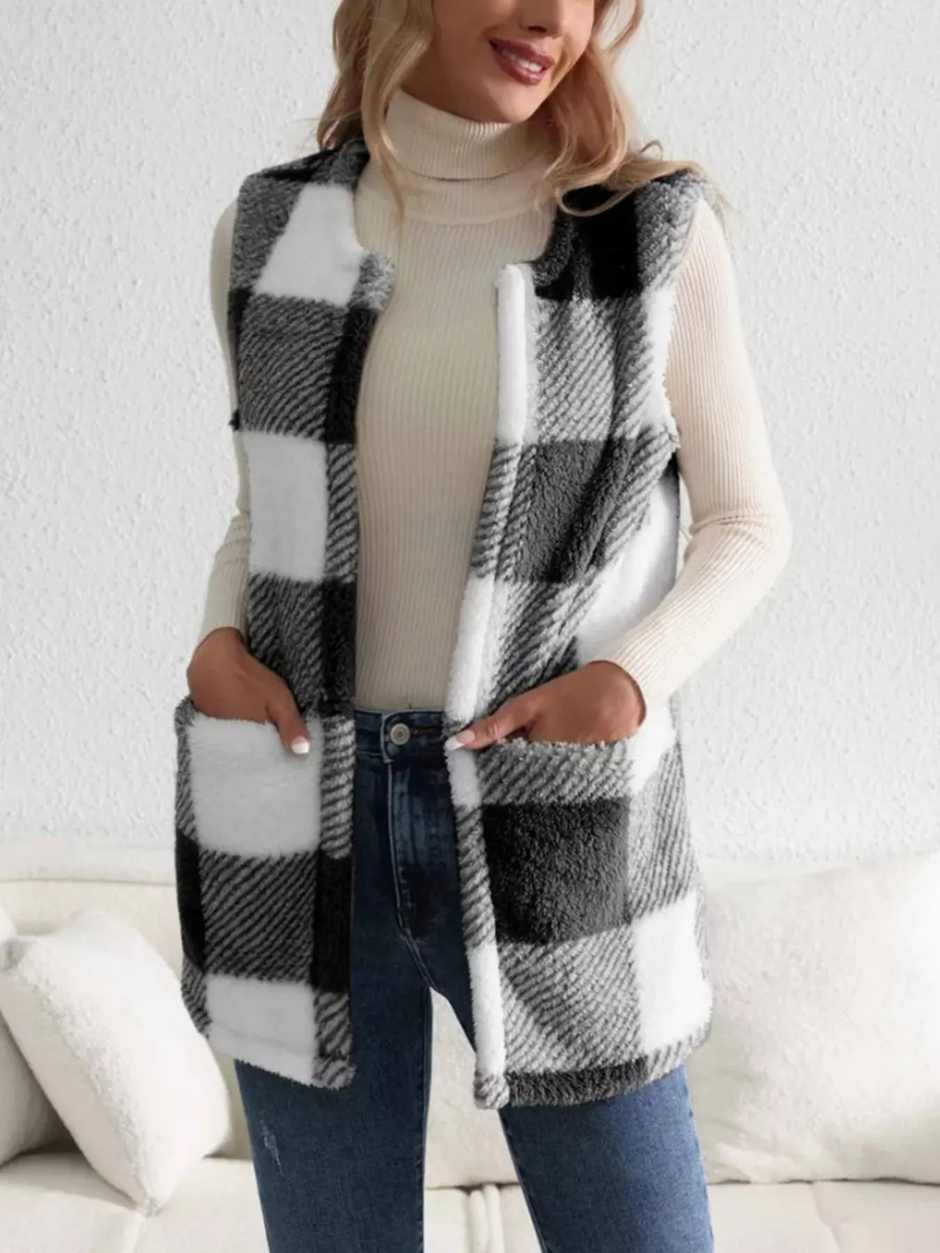 Cozy Plaid Sherpa Vest Coat - Crowned Energy CO.