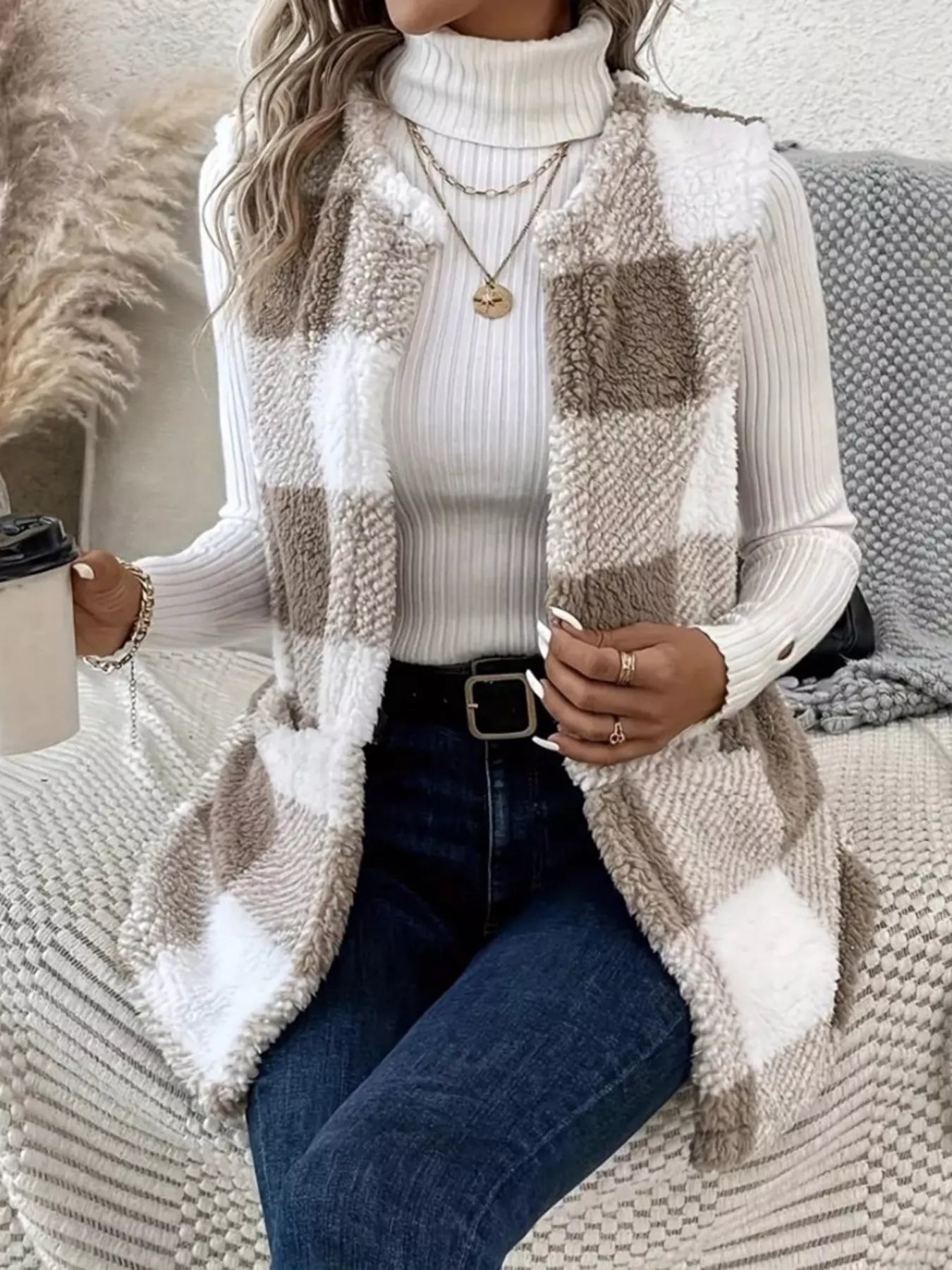Cozy Plaid Sherpa Vest Coat - Crowned Energy CO.