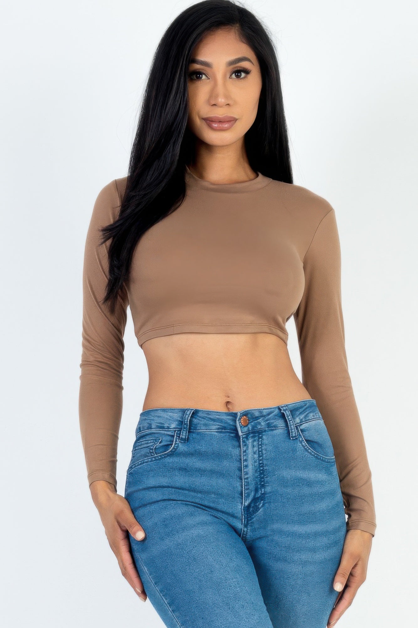 Crowned Energy CO. Coca mocha / S CCWHOLESALECLOTHING Cropped Top Crew Neck Long Sleeve Cropped Top