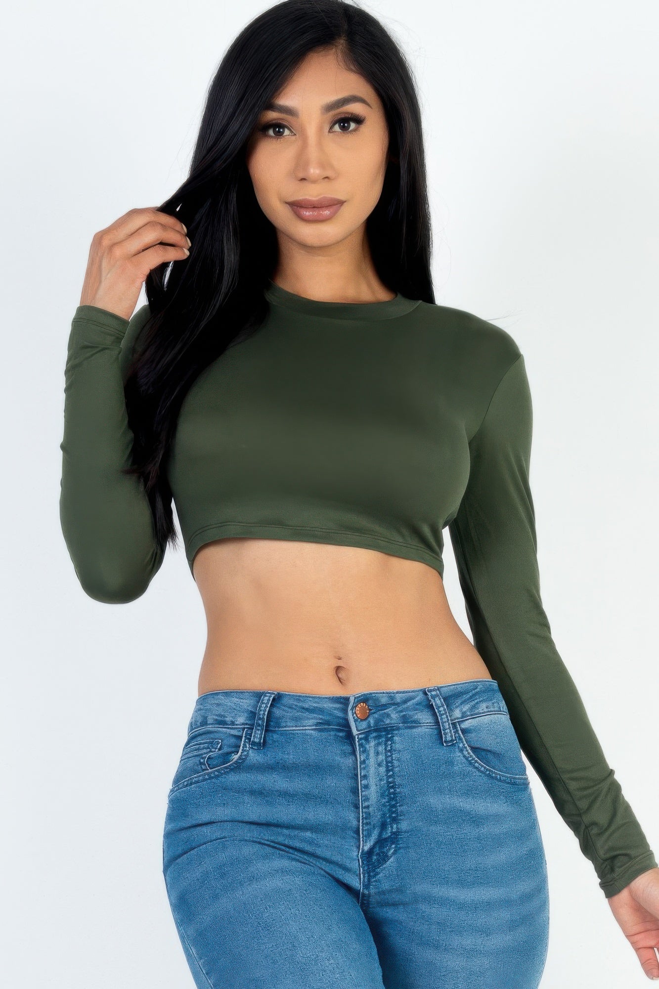 Crowned Energy CO. Olive / S CCWHOLESALECLOTHING Cropped Top Crew Neck Long Sleeve Cropped Top