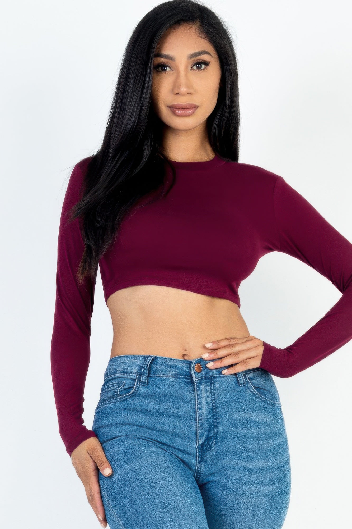 Crowned Energy CO. Burgundy / S CCWHOLESALECLOTHING Cropped Top Crew Neck Long Sleeve Cropped Top