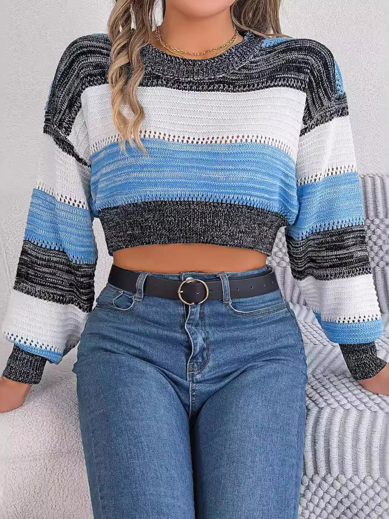 Crowned Energy CO. Sky Blue / S Trendsi Sweaters & Cardigans/Cardigans Cropped Striped Color Block Drop Shoulder Sweater