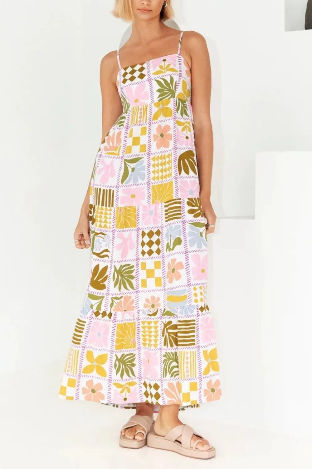 Cutout Back Printed Square Neck Maxi Cami Dress - Crowned Energy CO.