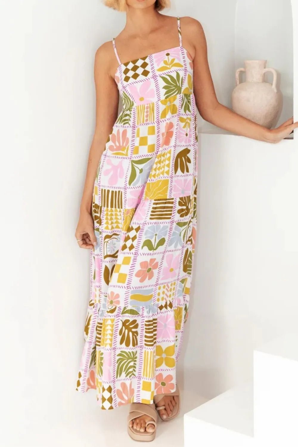 Cutout Back Printed Square Neck Maxi Cami Dress - Crowned Energy CO.
