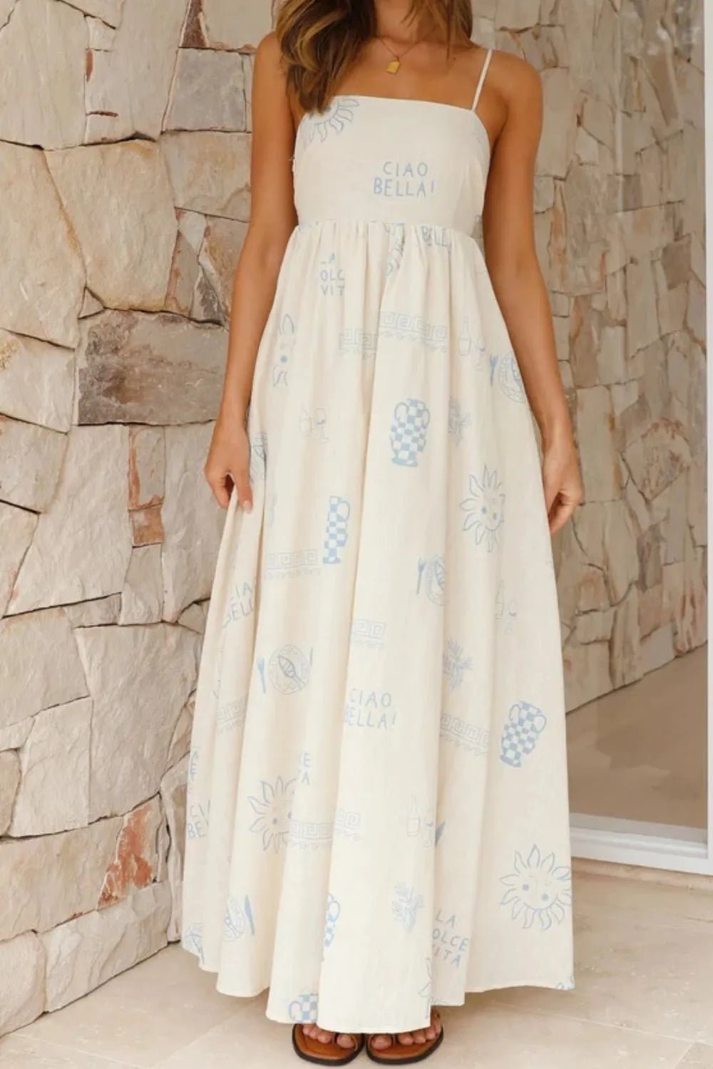 Cutout Back Printed Square Neck Maxi Cami Dress - Crowned Energy CO.