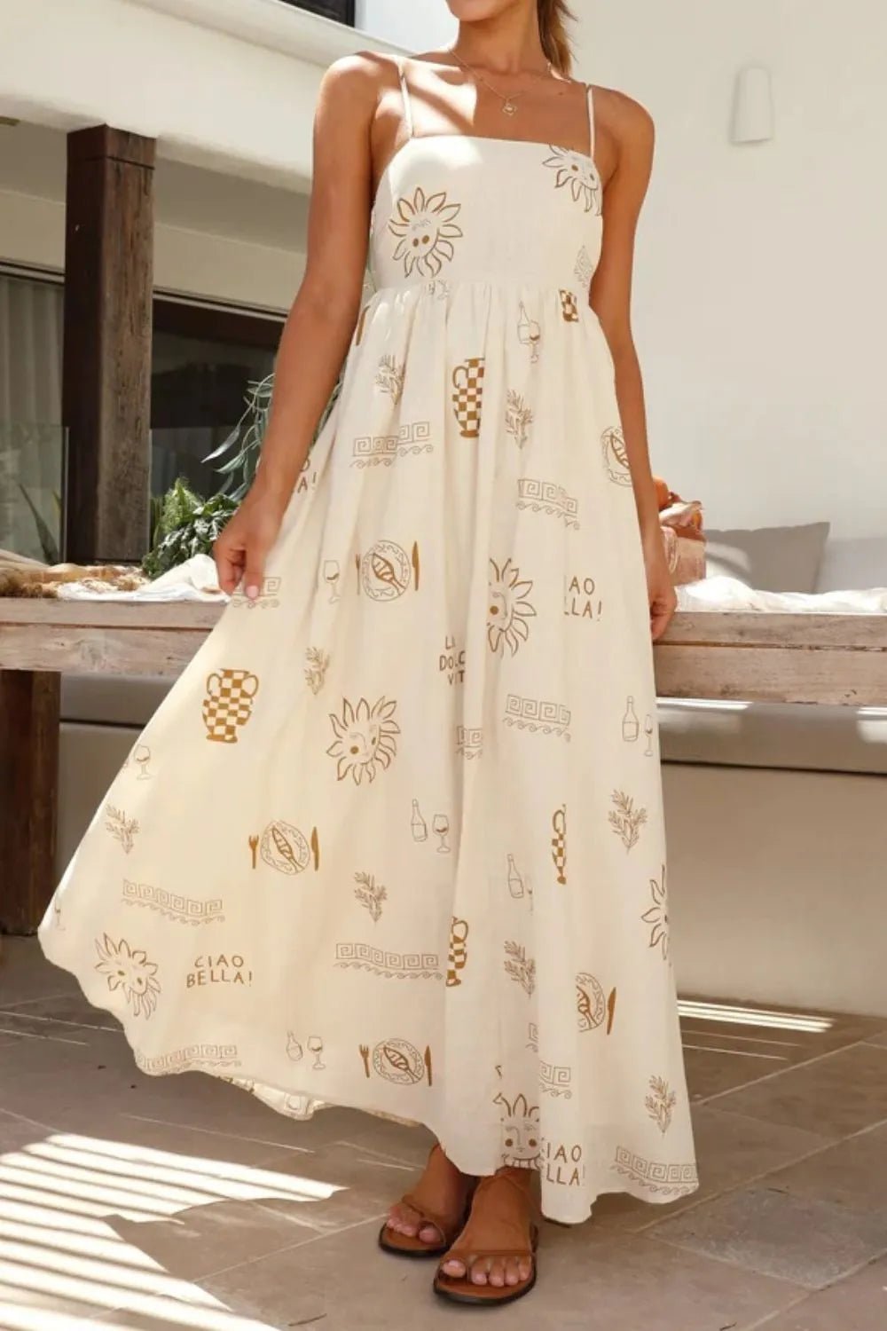 Cutout Back Printed Square Neck Maxi Cami Dress - Crowned Energy CO.