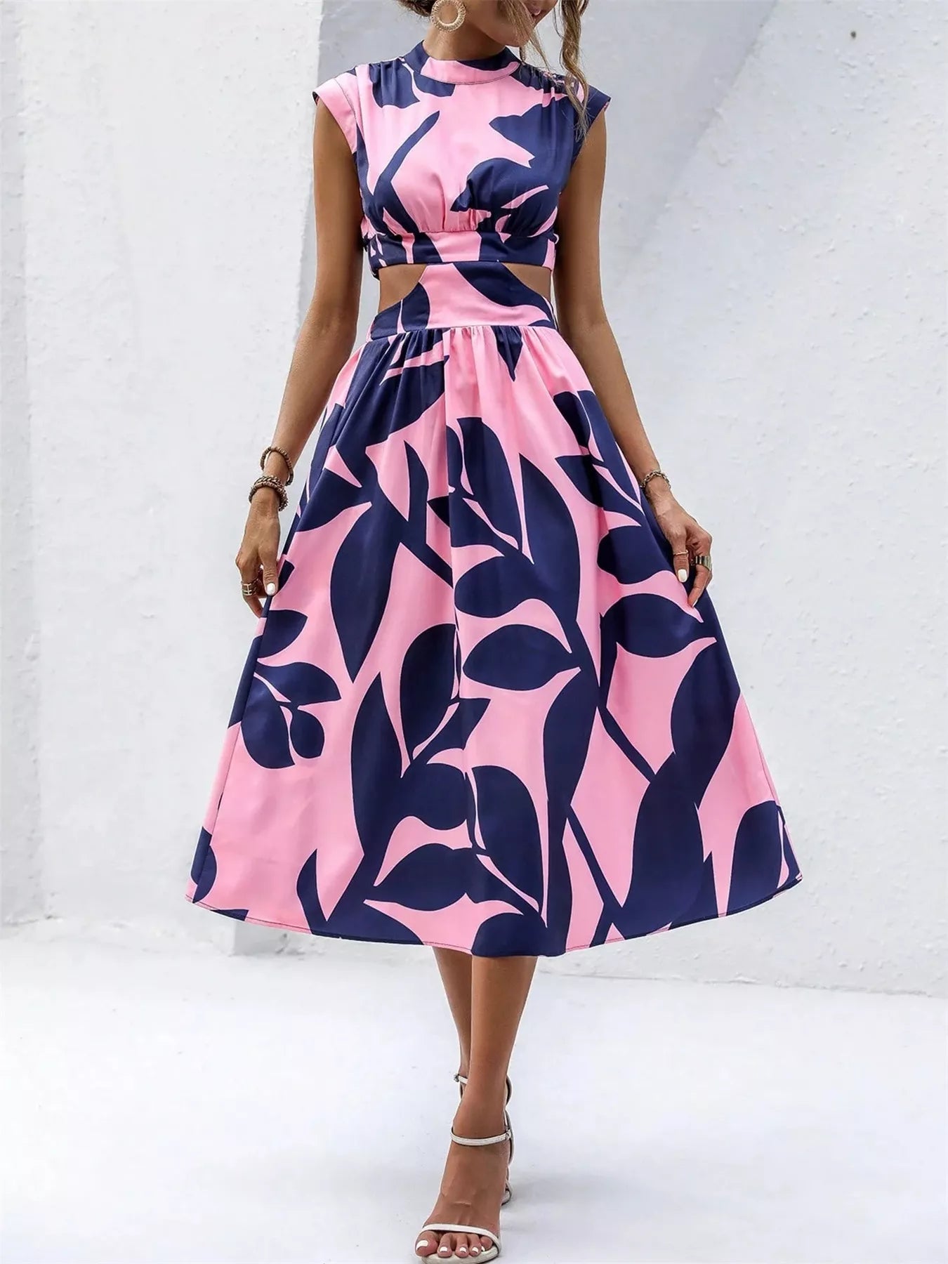 Crowned Energy CO. Pink / S Trendsi Dresses Cutout Printed Sleeveless Dress