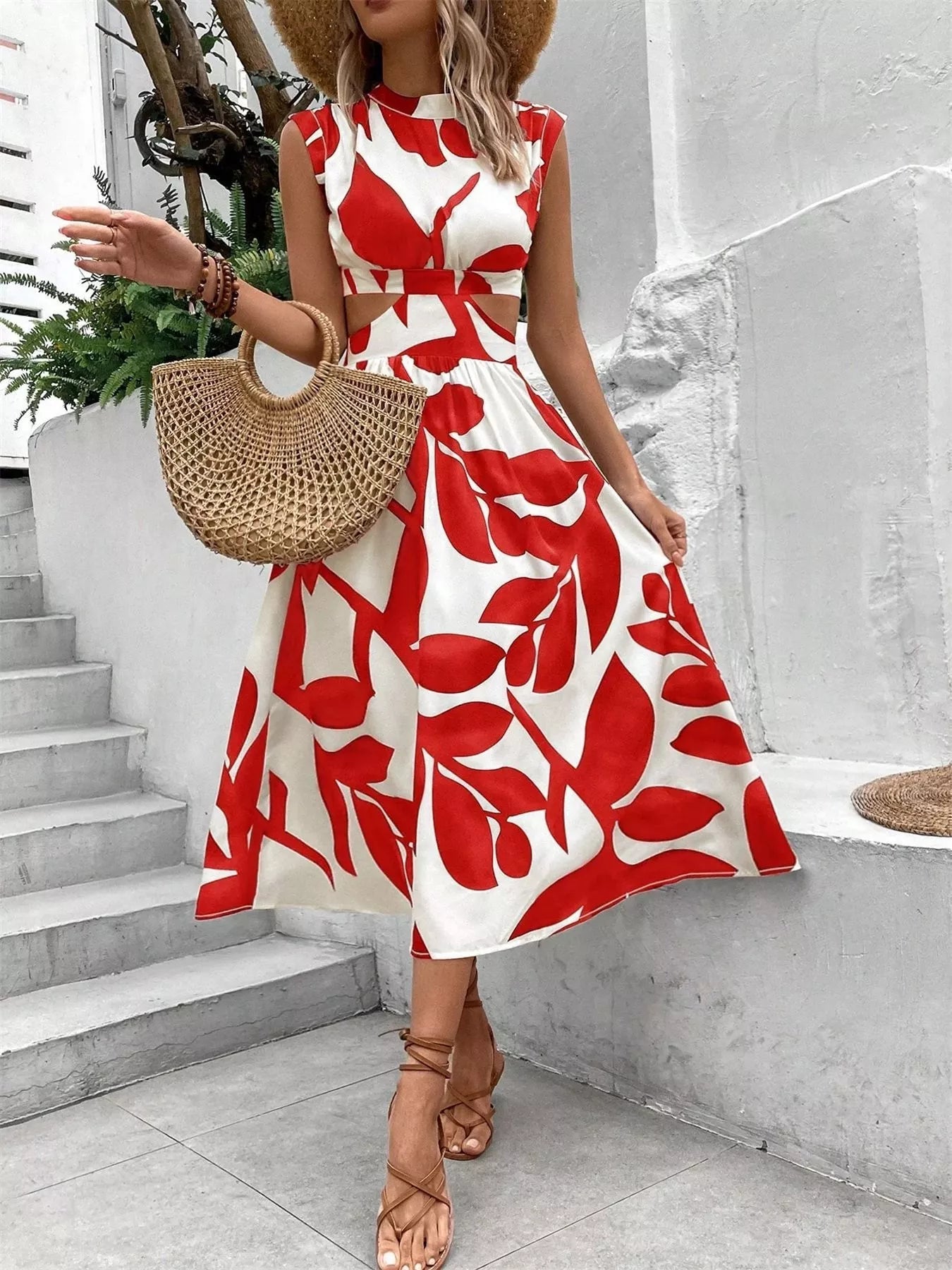 Crowned Energy CO. Red / S Trendsi Dresses Cutout Printed Sleeveless Dress