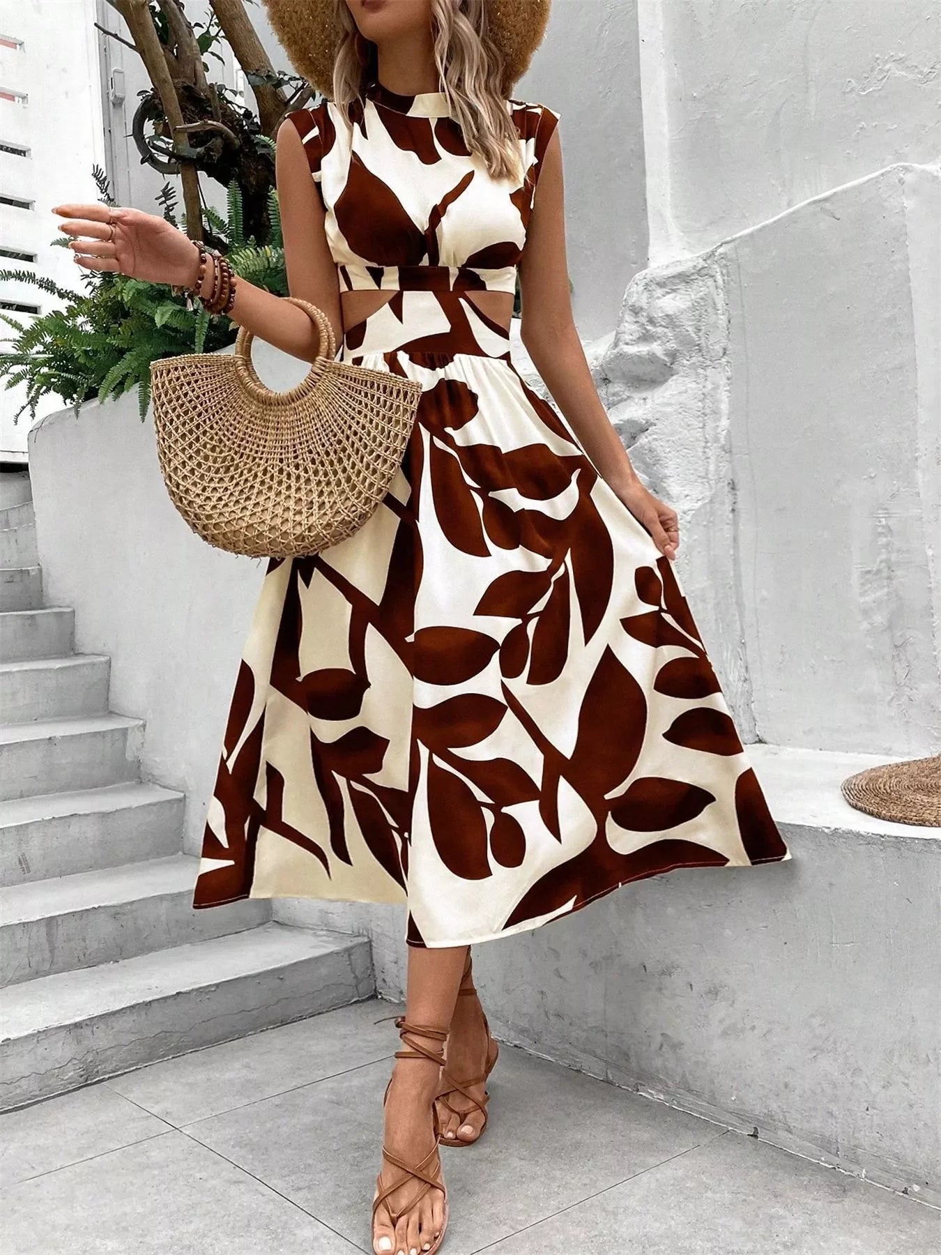 Crowned Energy CO. Coffee Brown / S Trendsi Dresses Cutout Printed Sleeveless Dress