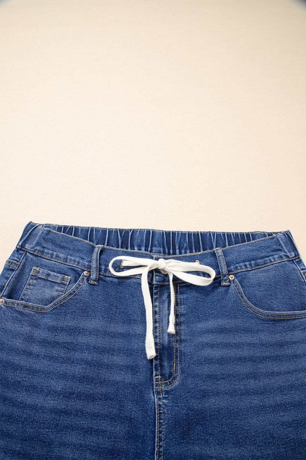 Dark Blue Acid Wash Contrast Lace - up Plus Size Jeans - Crowned Energy CO.