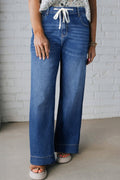 Dark Blue Acid Wash Contrast Lace - up Plus Size Jeans - Crowned Energy CO.
