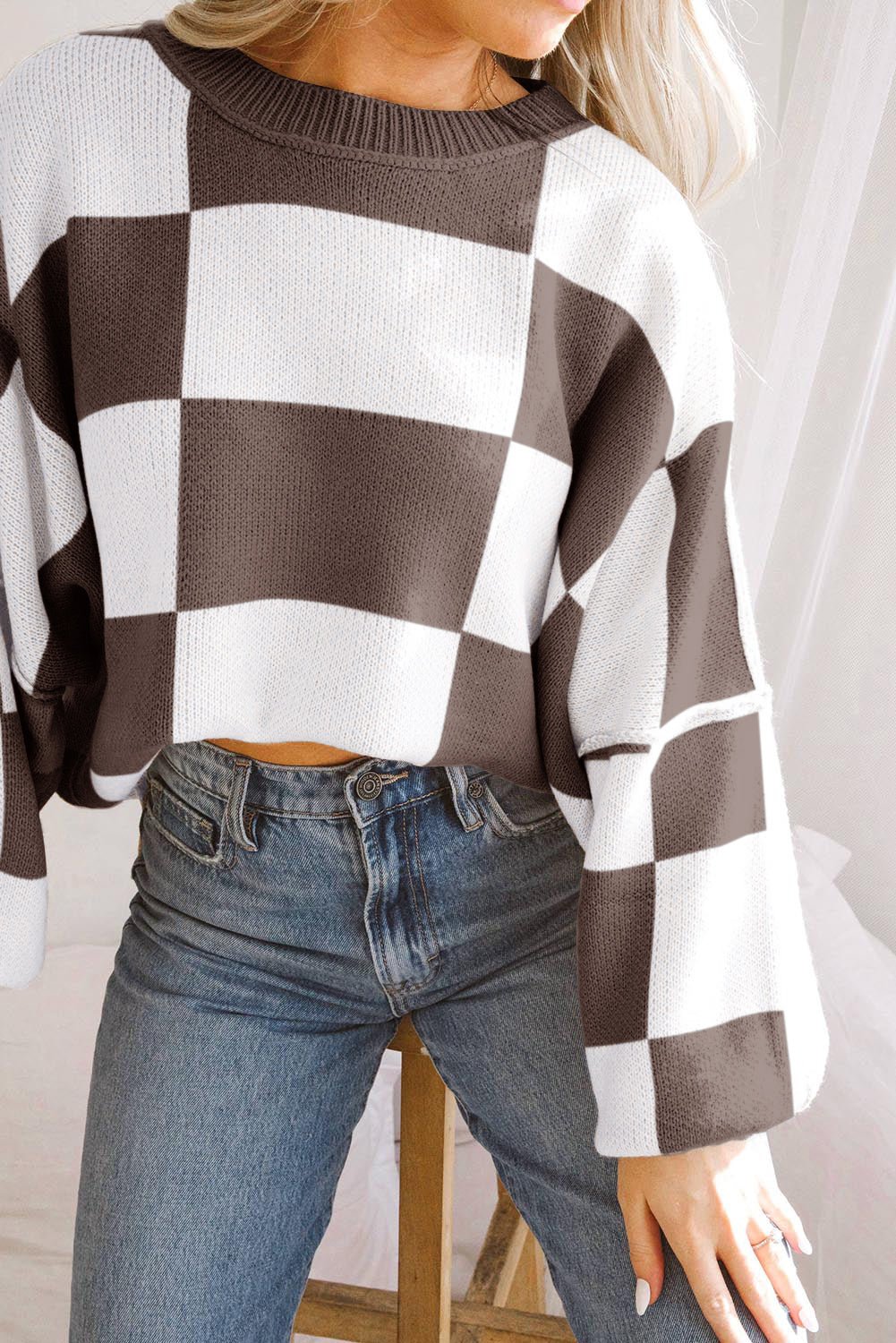 Dark Brown Checkered Bishop Sleeve Sweater - Crowned Energy CO.