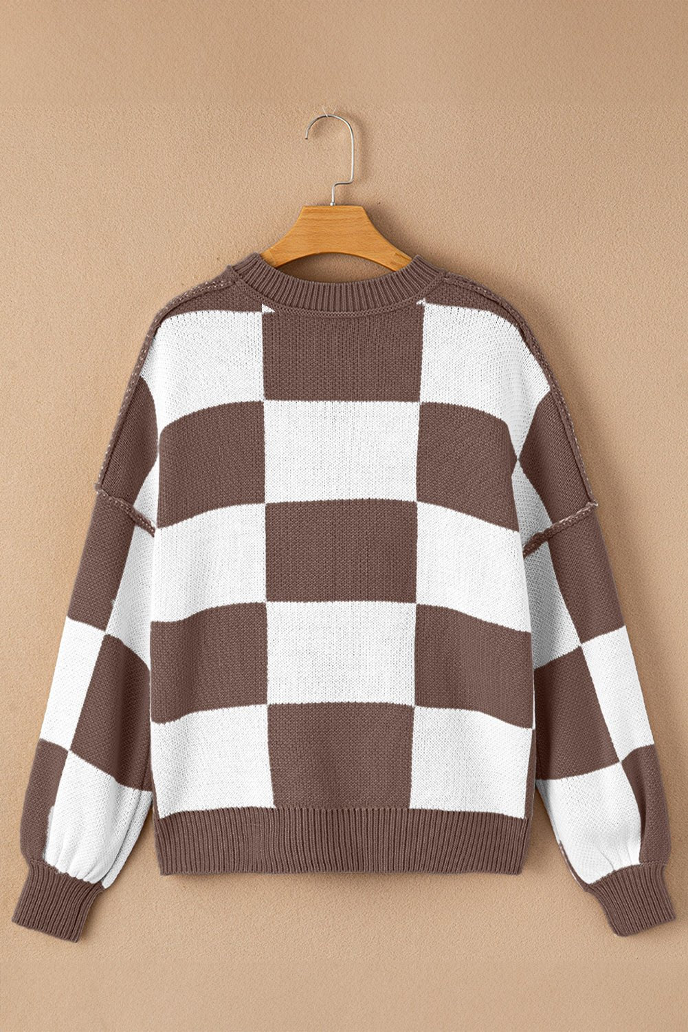 Dark Brown Checkered Bishop Sleeve Sweater - Crowned Energy CO.