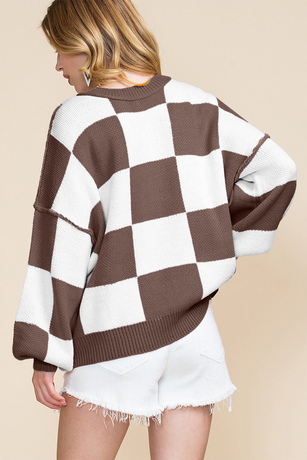 Dark Brown Checkered Bishop Sleeve Sweater - Crowned Energy CO.