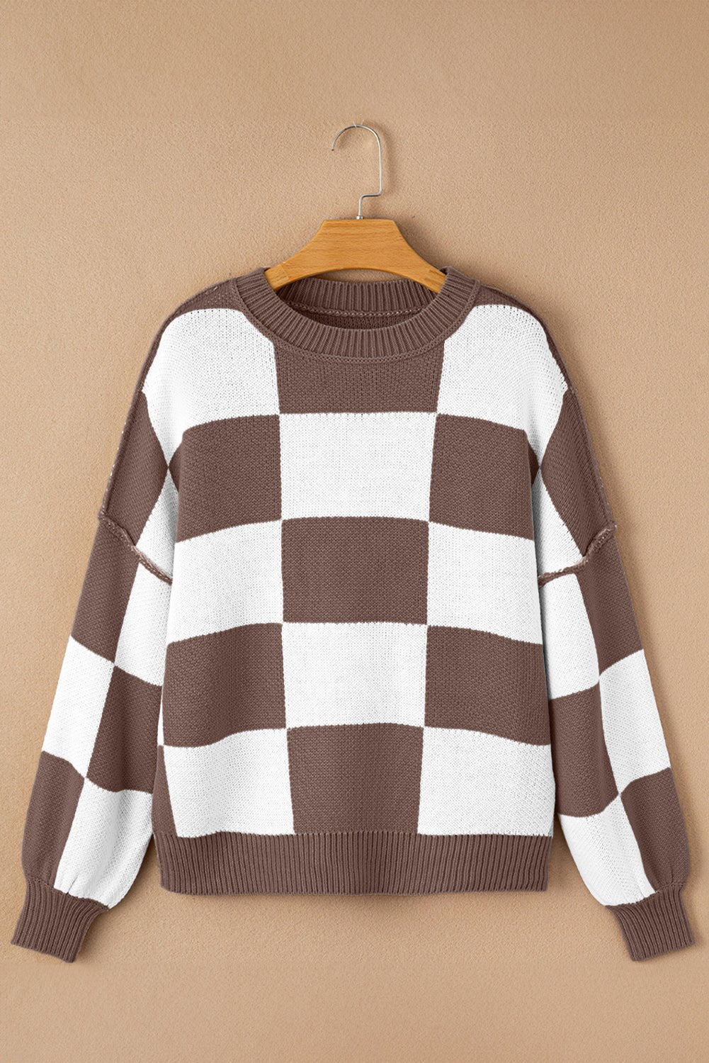 Dark Brown Checkered Bishop Sleeve Sweater - Crowned Energy CO.