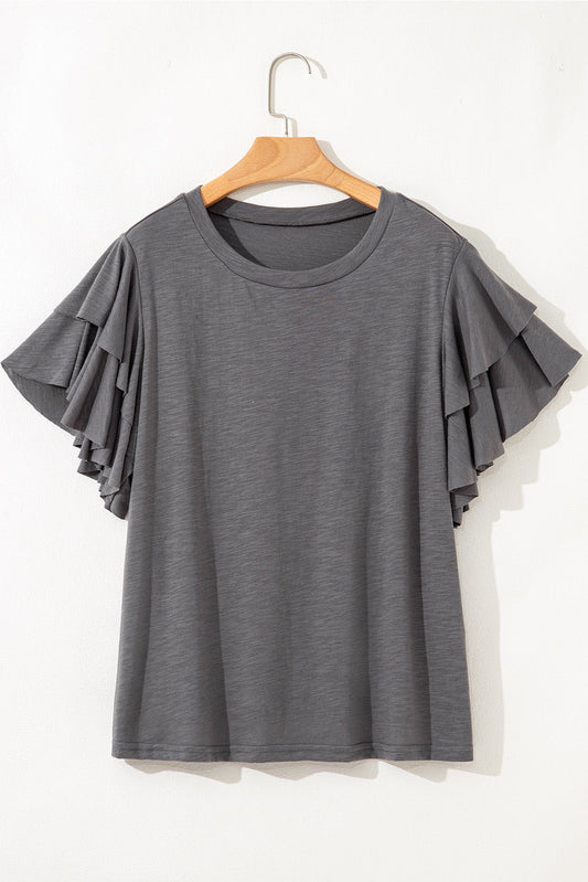 Crowned Energy CO. Dark Grey / 1X / 65%Polyester+35%Cotton Dear-Lover Dropshipping Plus Size/Plus Size Tops/Plus Size Tops & Tees Dark Grey Double Ruffled Short Sleeve Plus Size Top