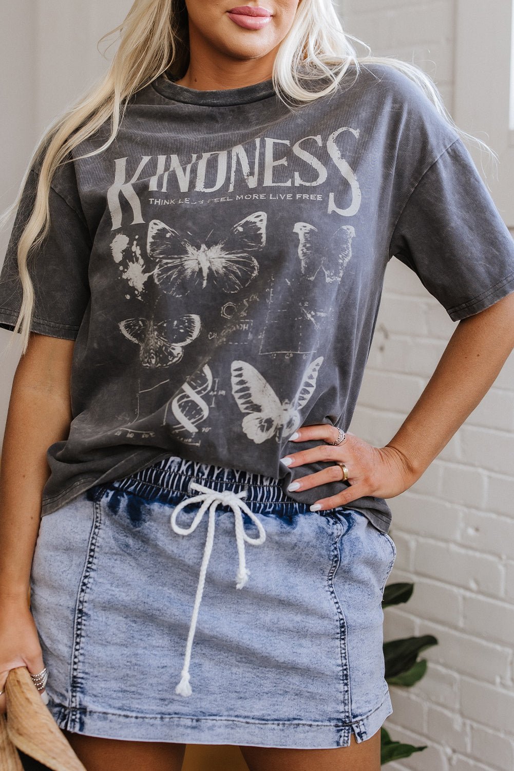 Dark Grey Kindness Butterflies Graphic Mineral Wash Loose Tee - Crowned Energy CO.