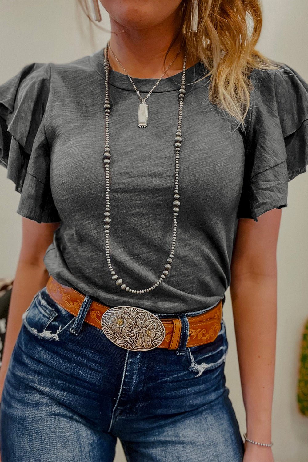 Crowned Energy CO. Dark Grey / S / 65%Polyester+35%Cotton Dear-Lover Dropshipping Tops/Tops & Tees Dark Grey Layered Ruffle Short Sleeve Round Neck Top