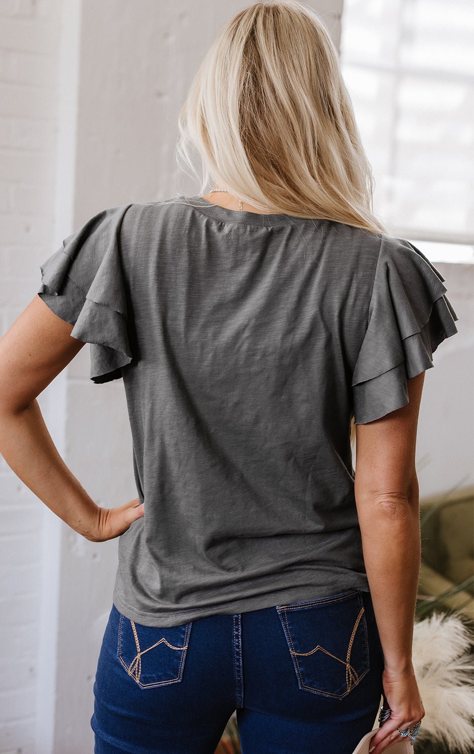 Crowned Energy CO. Dark Grey / S / 65%Polyester+35%Cotton Dear-Lover Dropshipping Tops/Tops & Tees Dark Grey Layered Ruffle Short Sleeve Round Neck Top