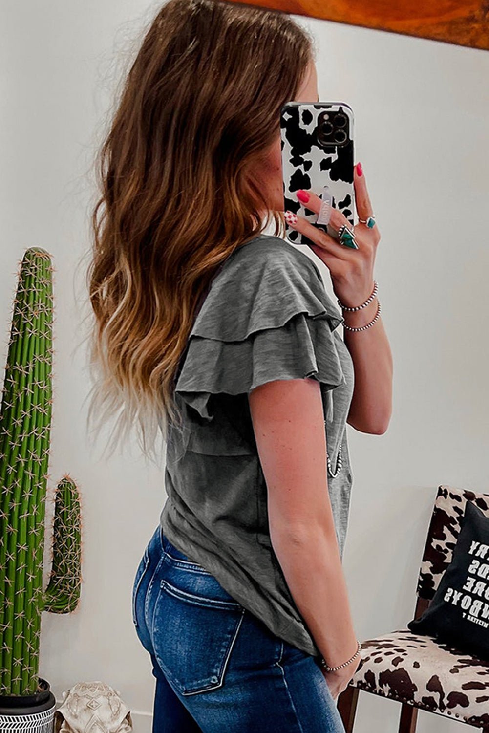 Crowned Energy CO. Dark Grey / S / 65%Polyester+35%Cotton Dear-Lover Dropshipping Tops/Tops & Tees Dark Grey Layered Ruffle Short Sleeve Round Neck Top