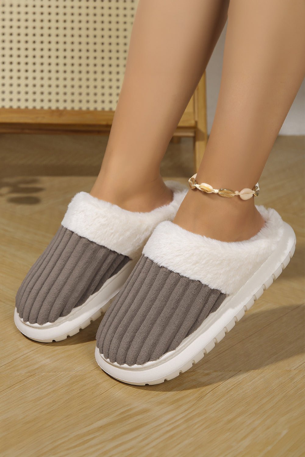Dark Grey Ribbed Plush Color Block Winter Slippers - Crowned Energy CO.
