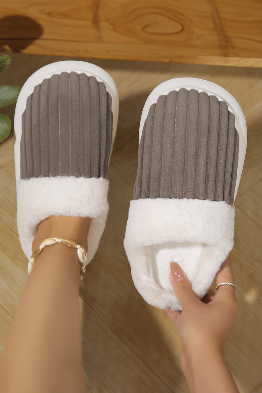 Dark Grey Ribbed Plush Color Block Winter Slippers - Crowned Energy CO.