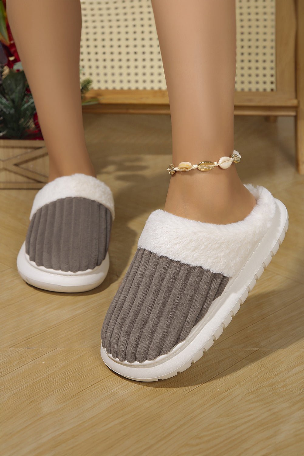 Dark Grey Ribbed Plush Color Block Winter Slippers - Crowned Energy CO.