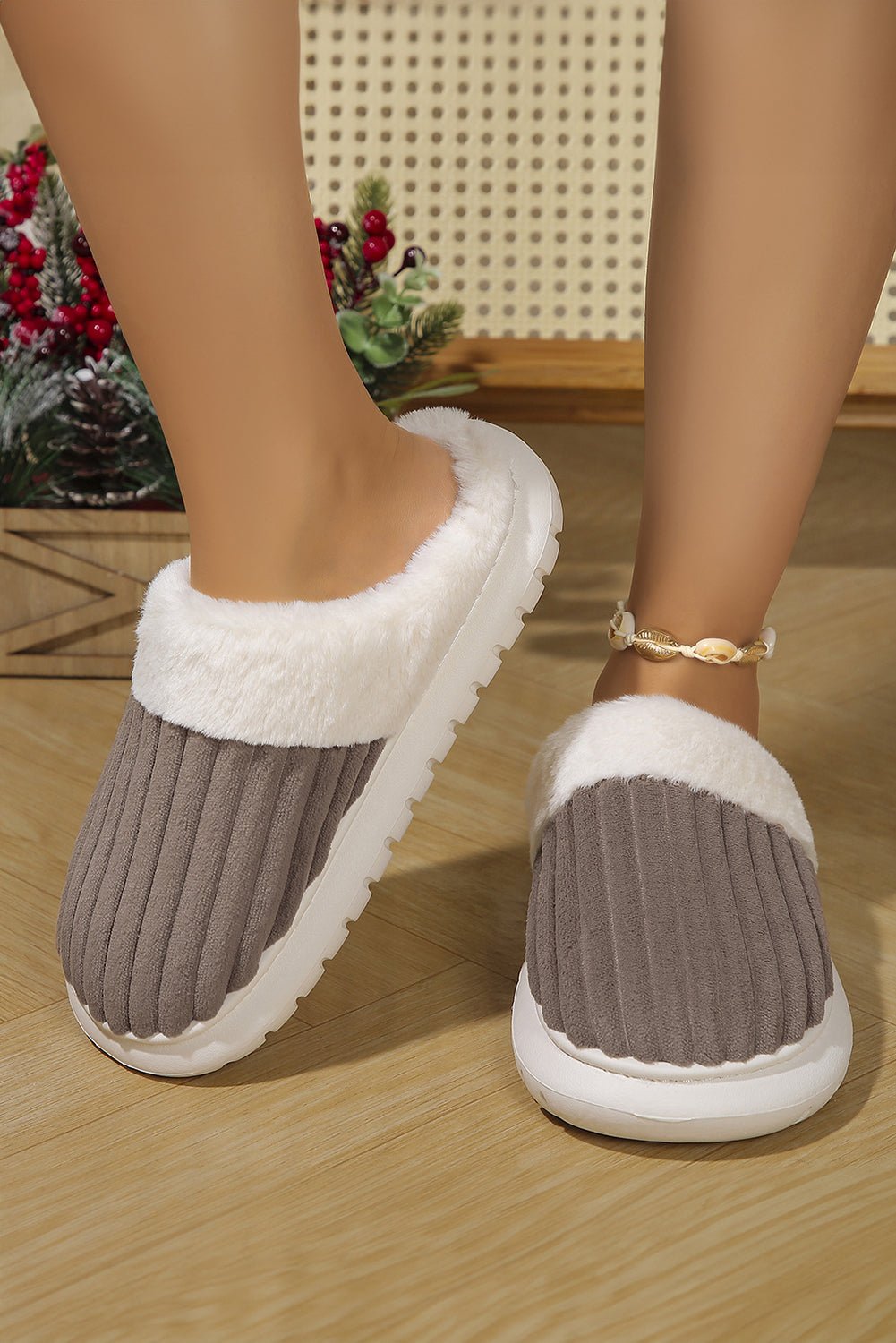 Dark Grey Ribbed Plush Color Block Winter Slippers - Crowned Energy CO.