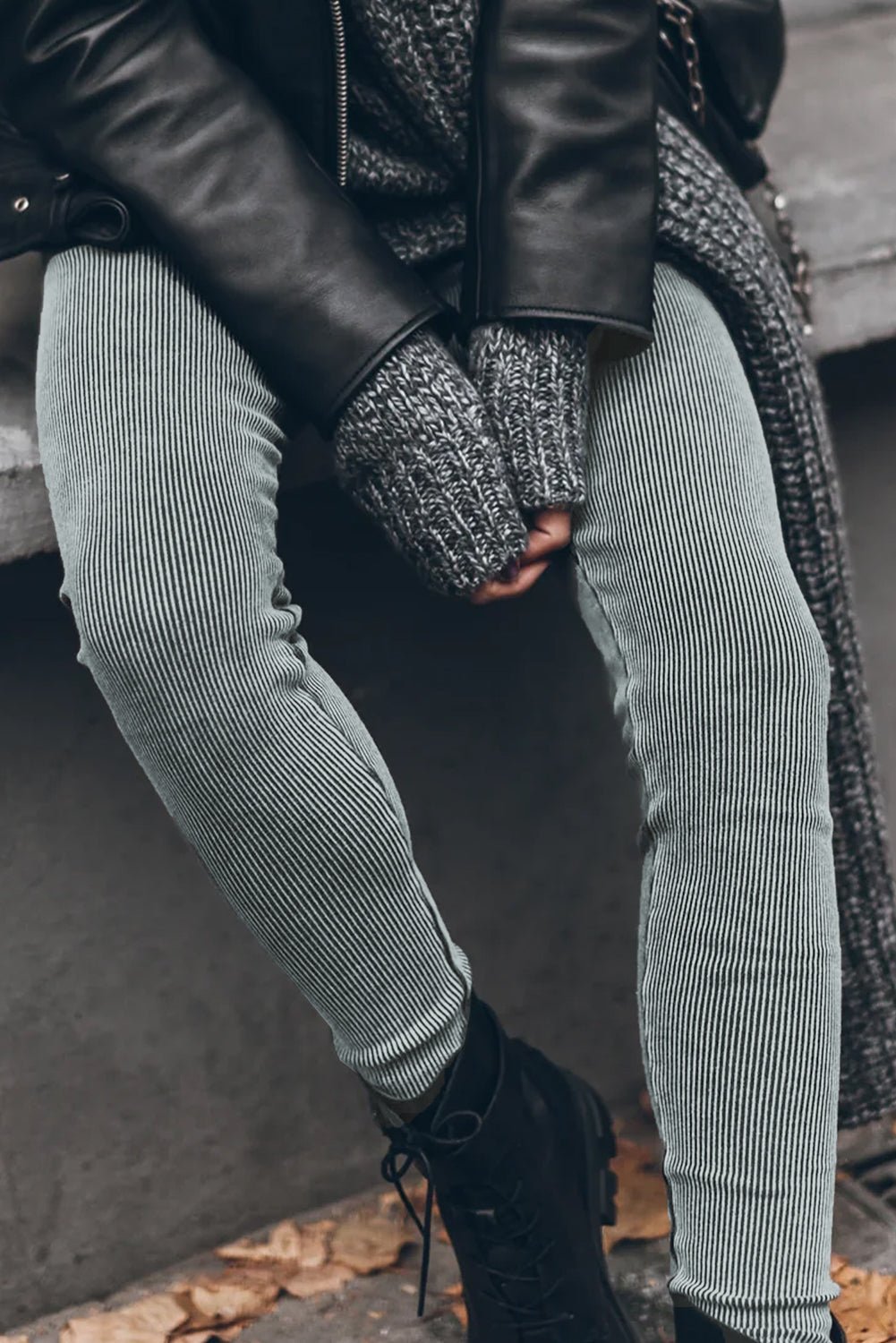 Dark Grey Vintage Wash Ribbed Leggings - Crowned Energy CO.