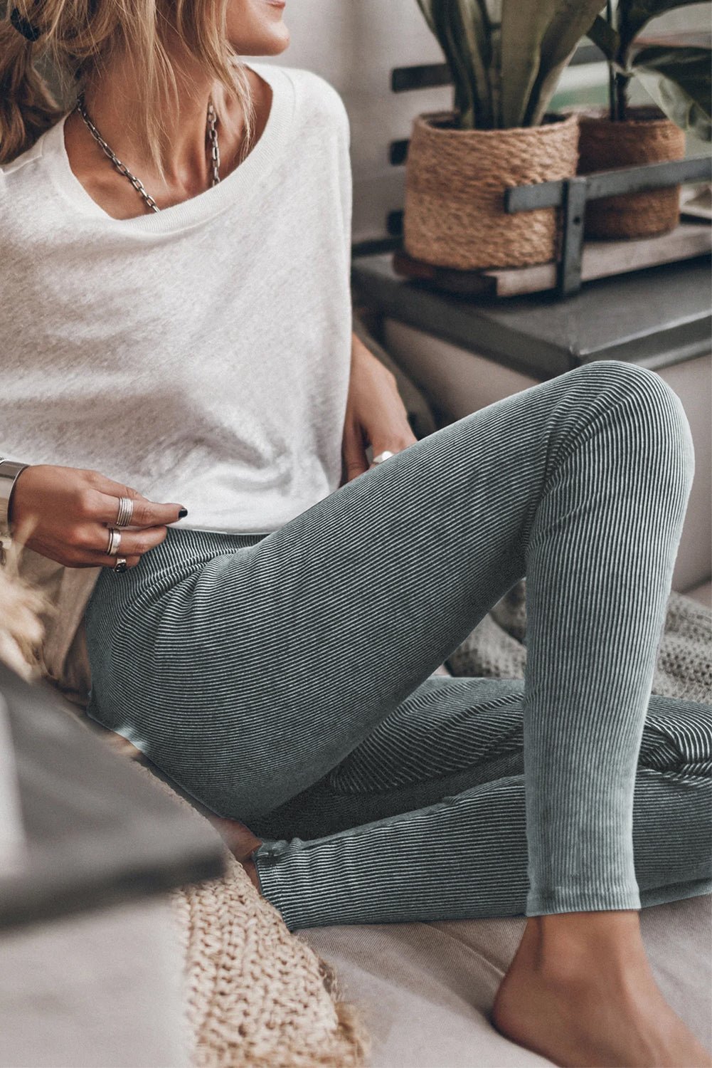Dark Grey Vintage Wash Ribbed Leggings - Crowned Energy CO.