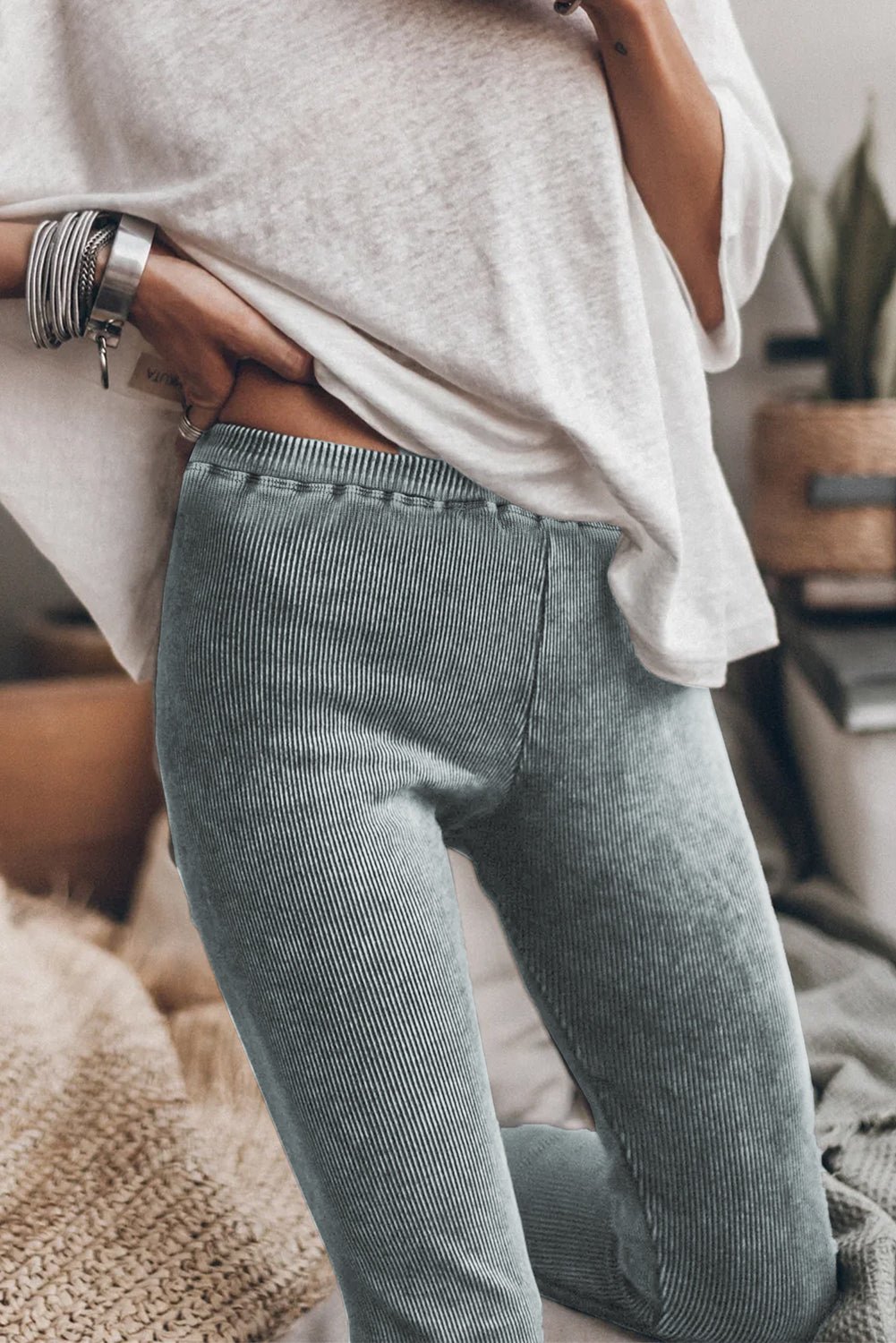 Dark Grey Vintage Wash Ribbed Leggings - Crowned Energy CO.