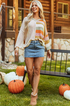 DEAR - LOVER Beige Oversized Colorblock V Neck Hooded Sweater - Crowned Energy CO.