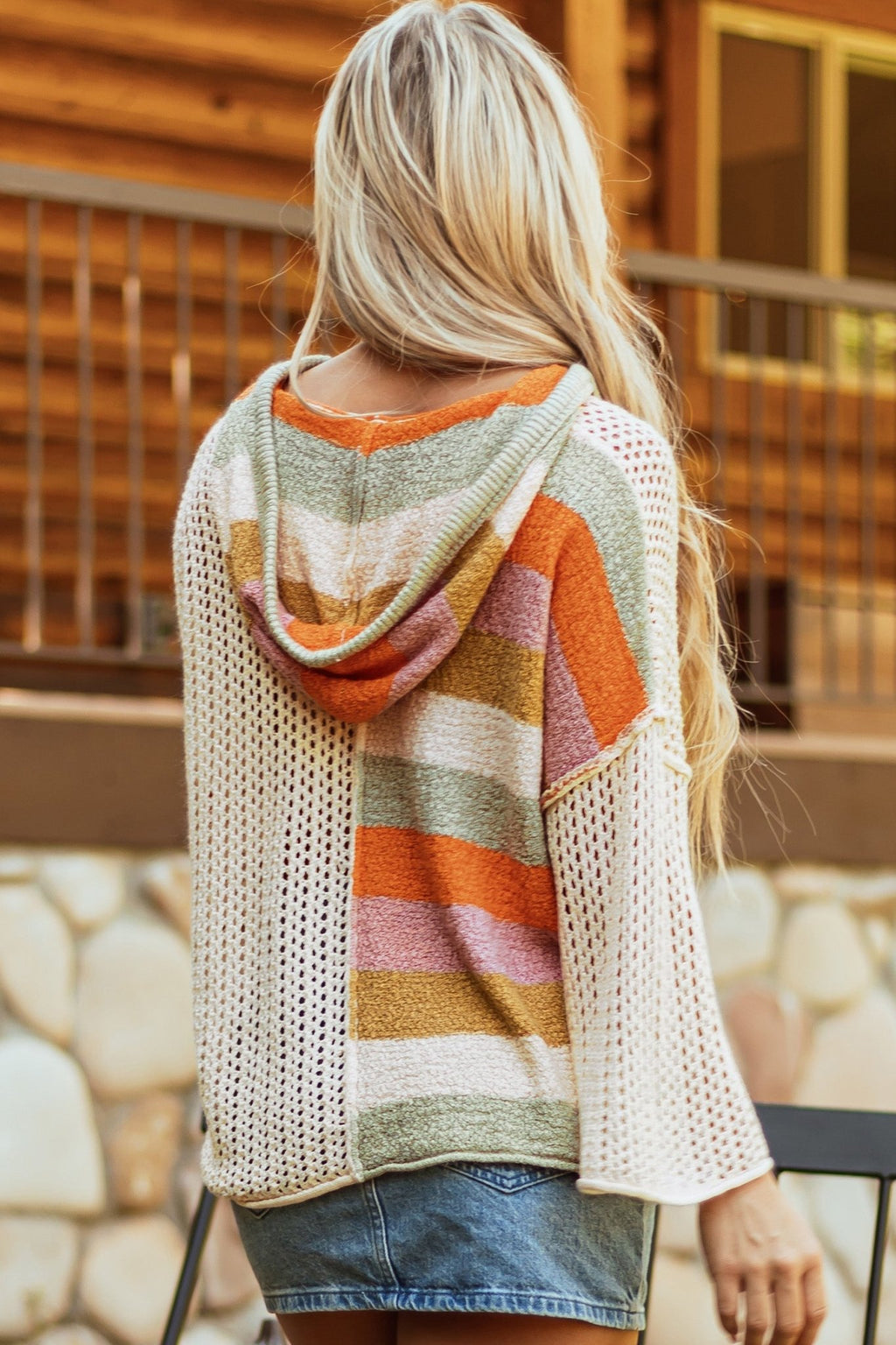 DEAR - LOVER Beige Oversized Colorblock V Neck Hooded Sweater - Crowned Energy CO.