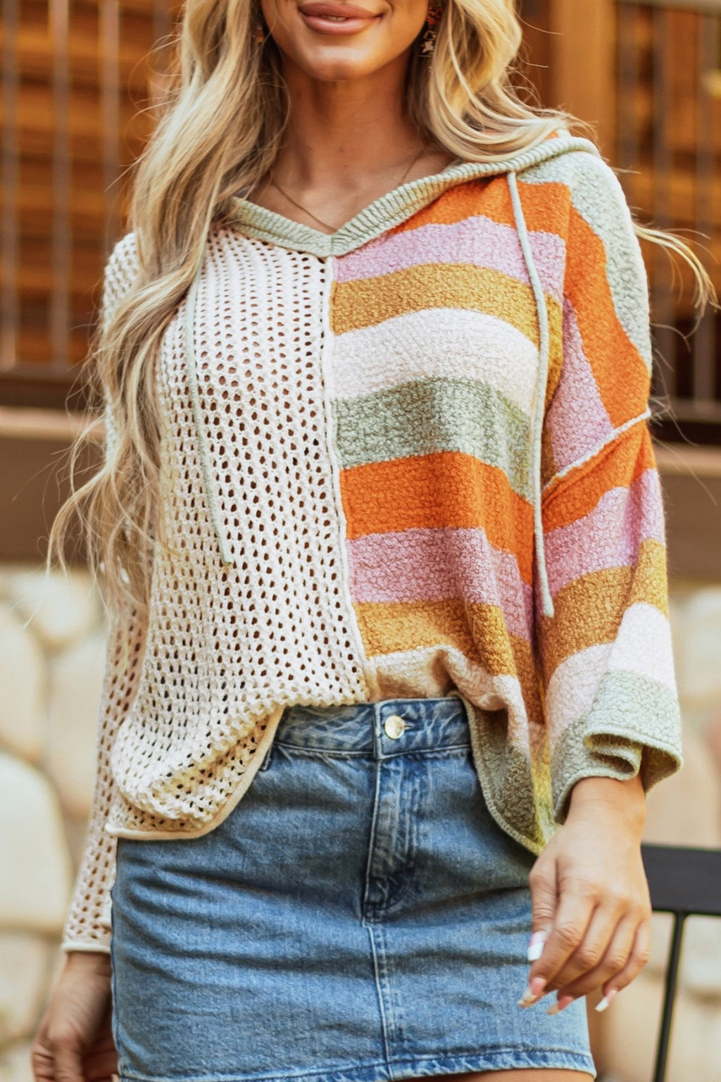 DEAR - LOVER Beige Oversized Colorblock V Neck Hooded Sweater - Crowned Energy CO.