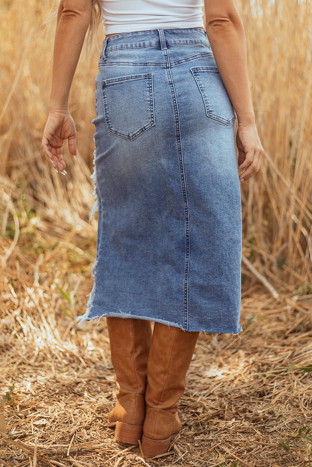 Dearlove Myosotis Irregular Distressed Bottom Denim Midi Skirt - Crowned Energy CO.