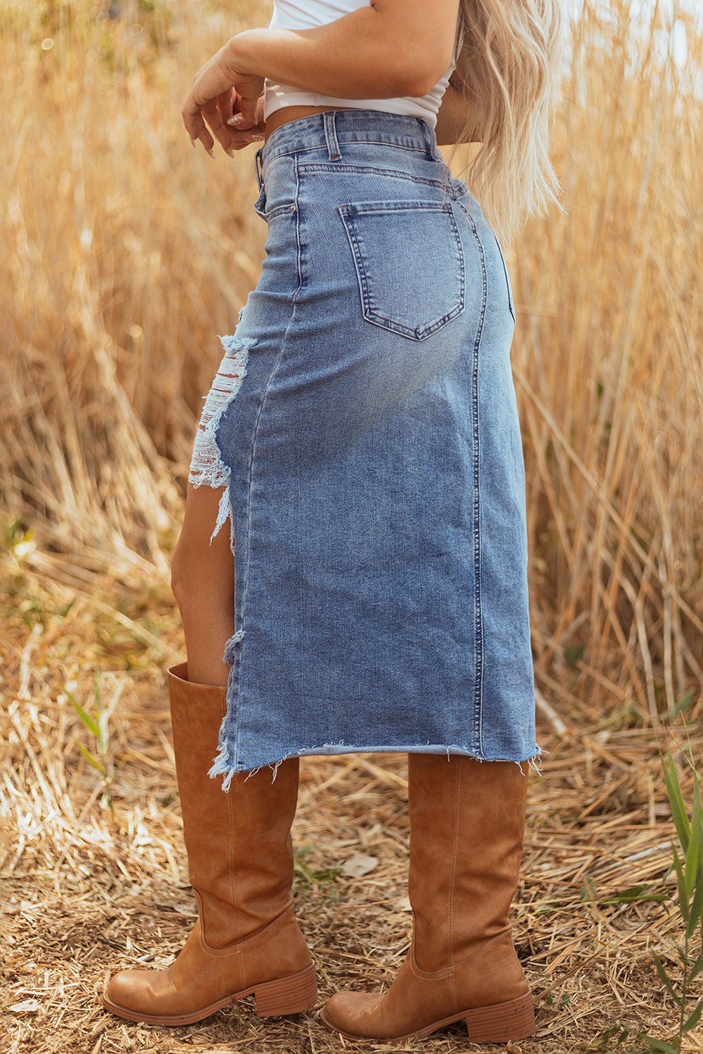 Dearlove Myosotis Irregular Distressed Bottom Denim Midi Skirt - Crowned Energy CO.