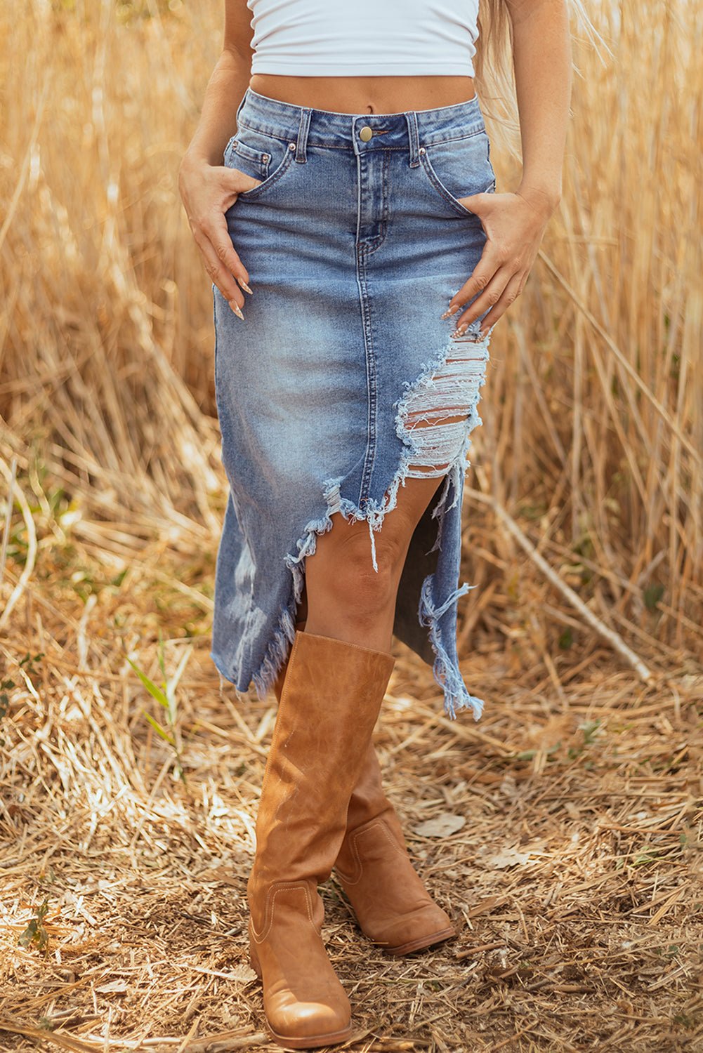 Dearlove Myosotis Irregular Distressed Bottom Denim Midi Skirt - Crowned Energy CO.