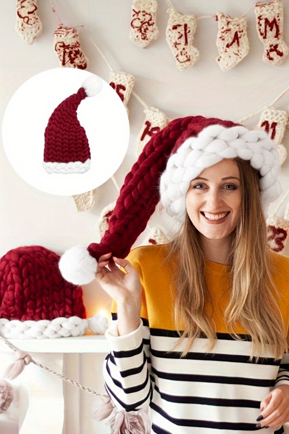 Dearlove Red Dahlia Color Block Pom Pom Decor Chunky Knitted Christmas Hat - Crowned Energy CO.