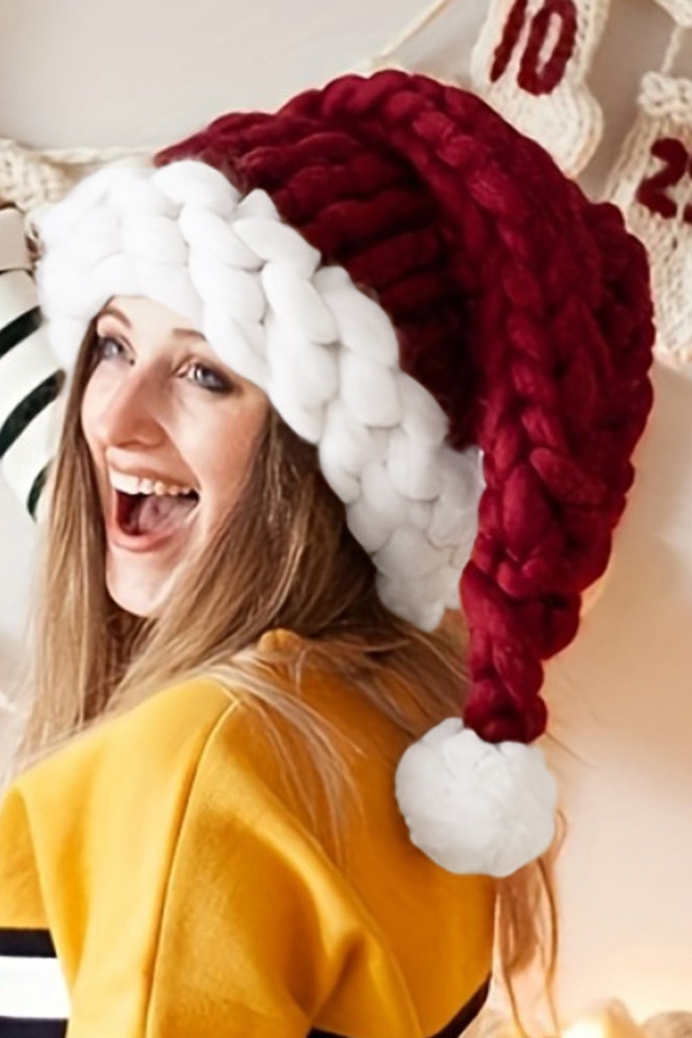 Dearlove Red Dahlia Color Block Pom Pom Decor Chunky Knitted Christmas Hat - Crowned Energy CO.